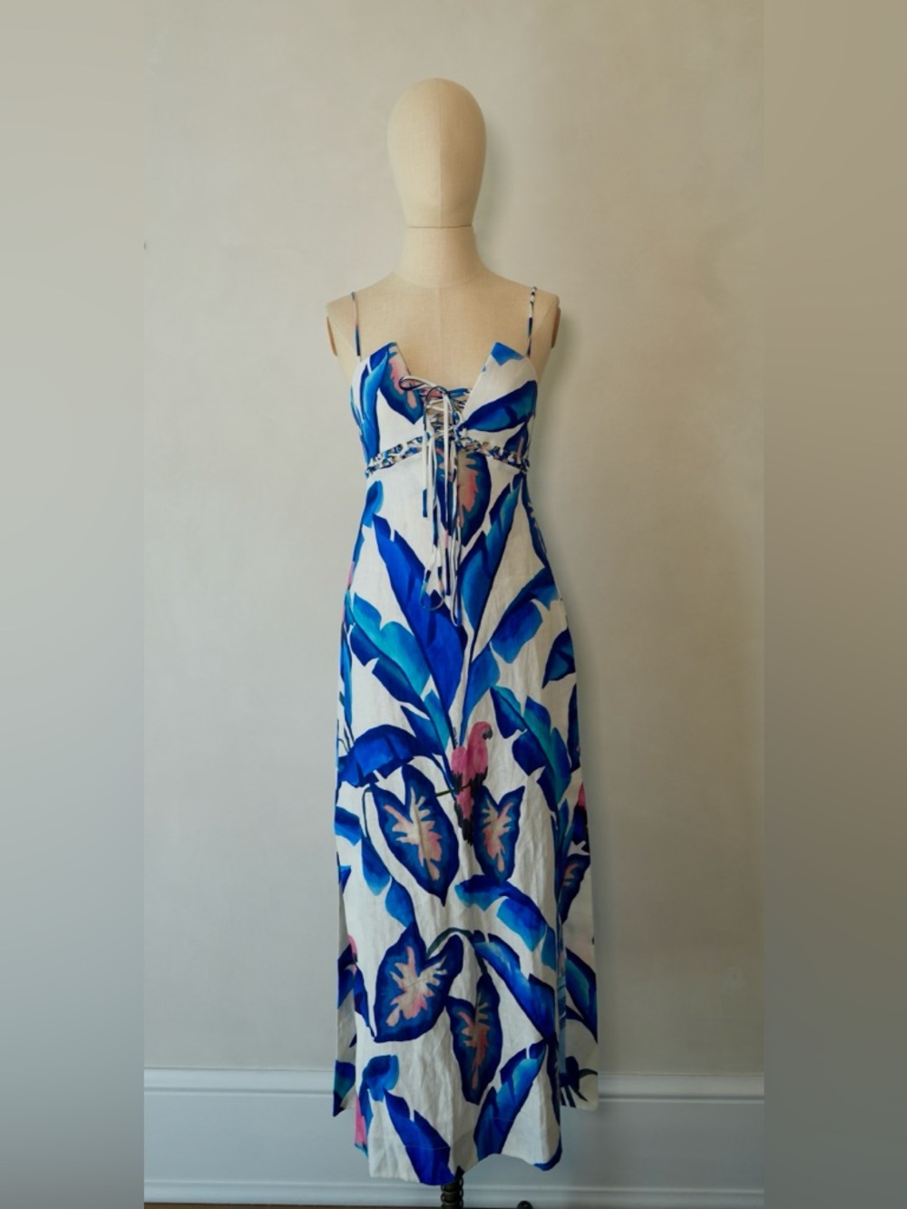 Farm Rio Blue White Tropical Lace-Up Maxi Dress